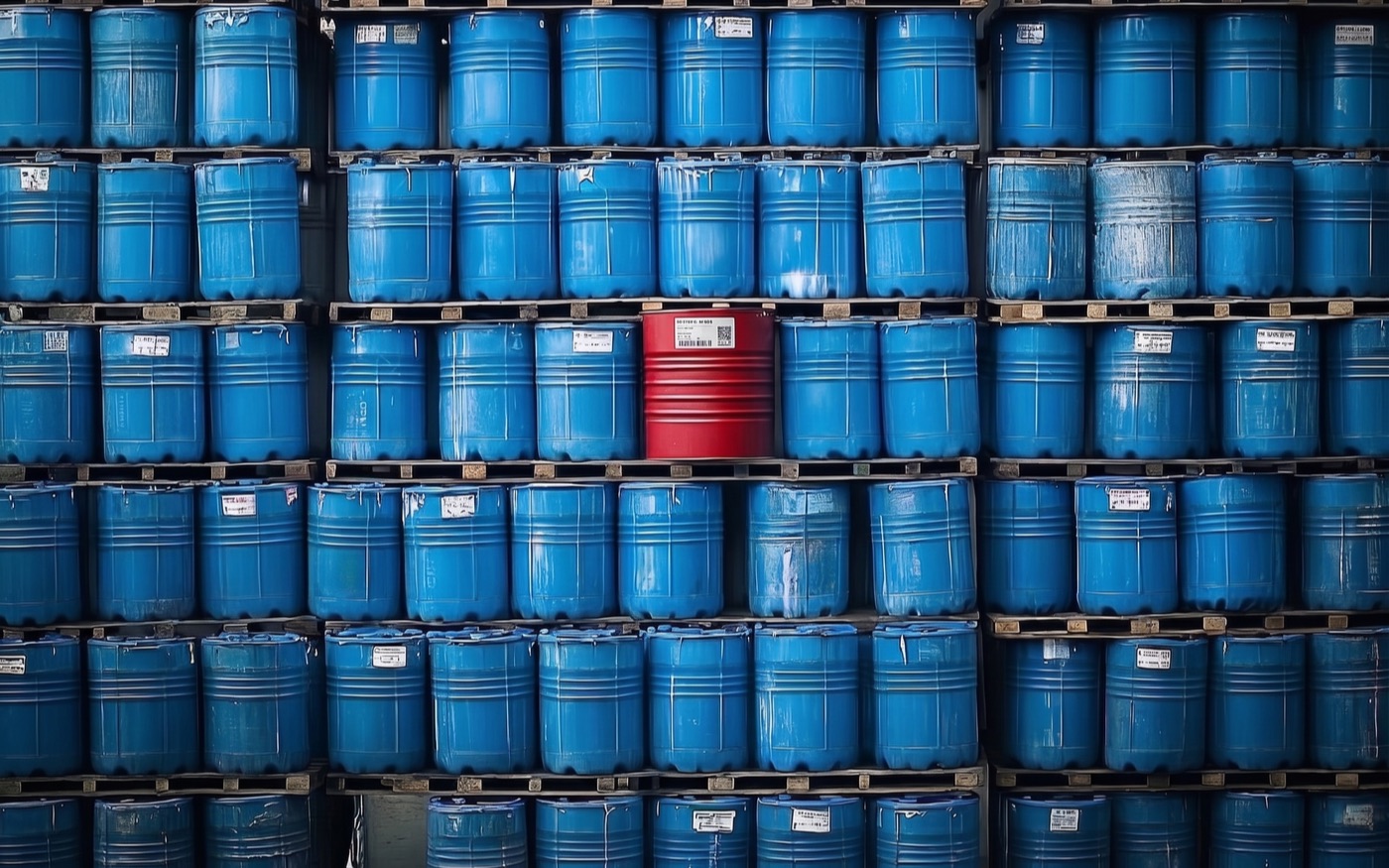 Blue chemical drums stacked on pallets in a warehouse