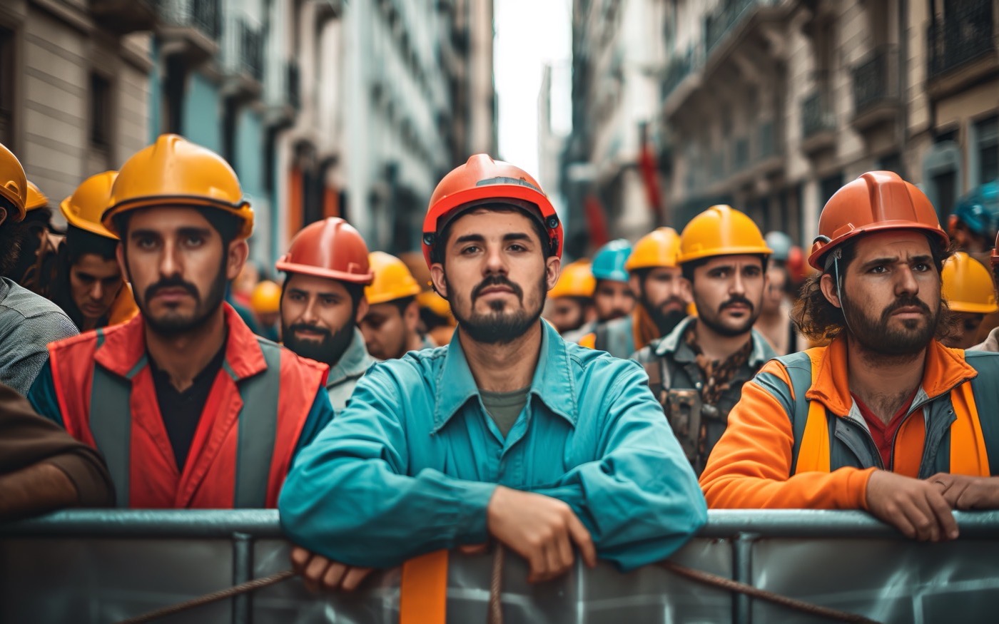 A line of construction workers in hard hats and hi-vis at a street barrier