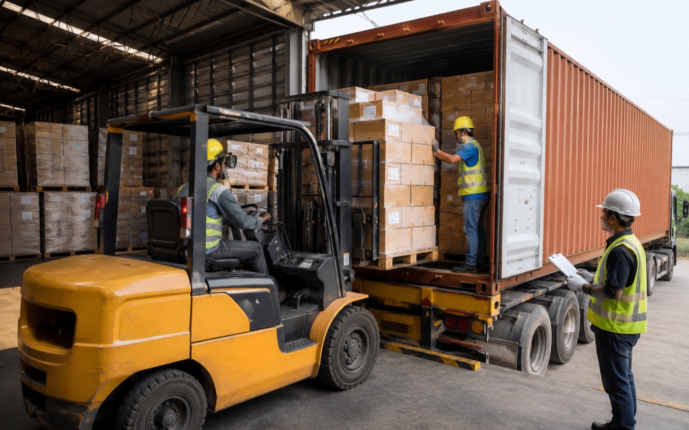 Forklift loading cartons into a shipping container while a supervisor checks the manifest